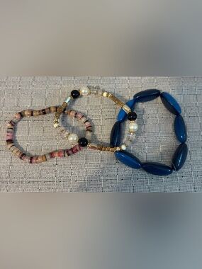 Beaded Stretch Bracelet Set - Blue, Pink & Pearl Accents